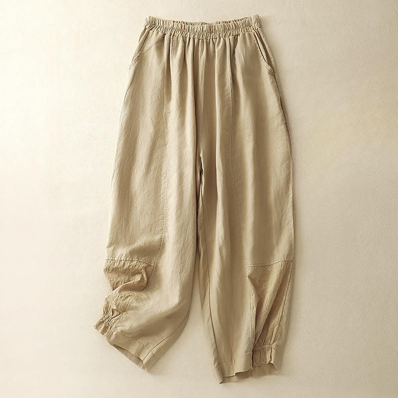 Casual Embroidery Patchwork Fabric 7-8 Length Cropped Pants Women's Cotton Harem Pants With Pockets