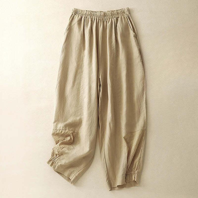 Casual Embroidery Patchwork Fabric 7-8 Length Cropped Pants Women's Cotton Harem Pants With Pockets