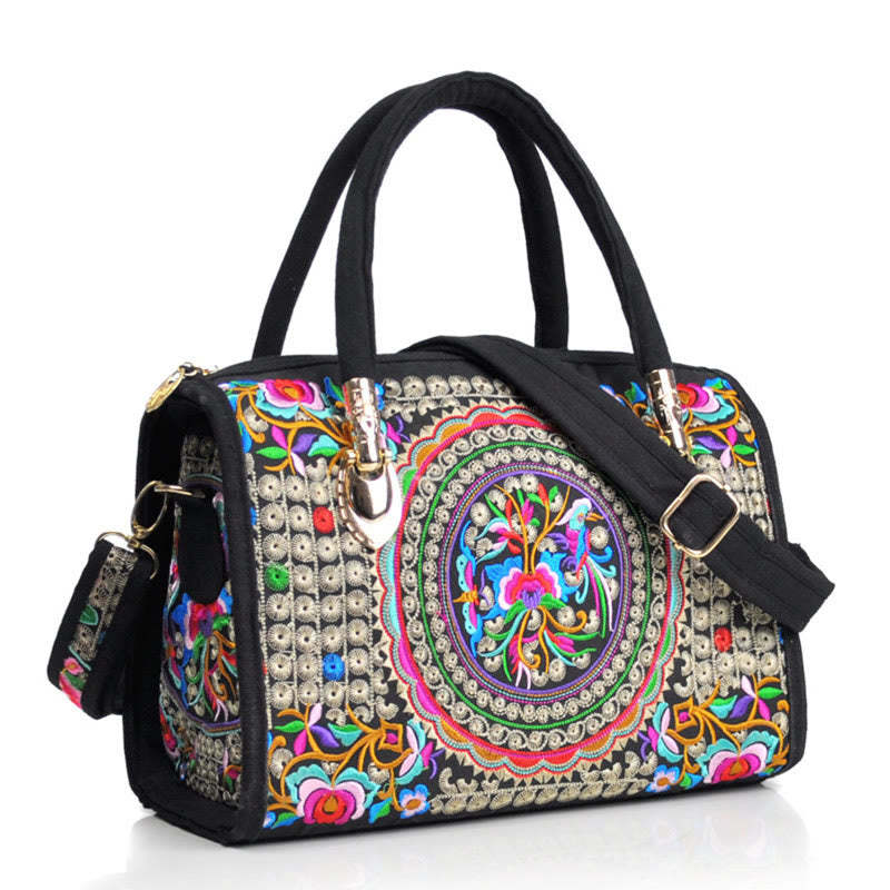 Money Tree Peony Camellia Double-Sided Embroidery Canvas Shopping Purse Handbag Crossbody Bag