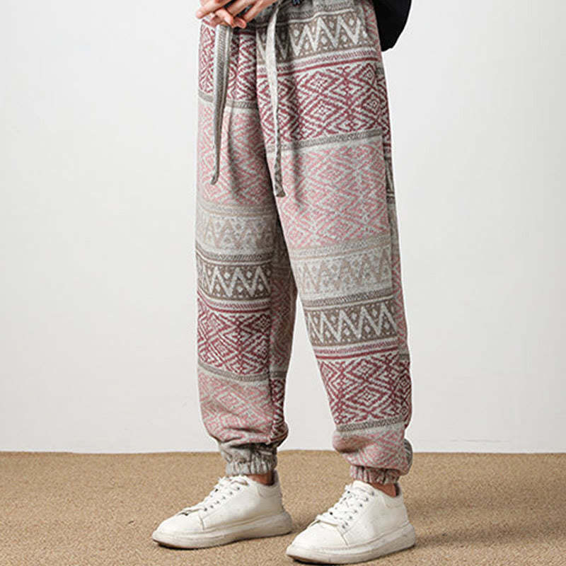 Ethnic Jacquard Knitting Drawstring Men's Pants With Pockets