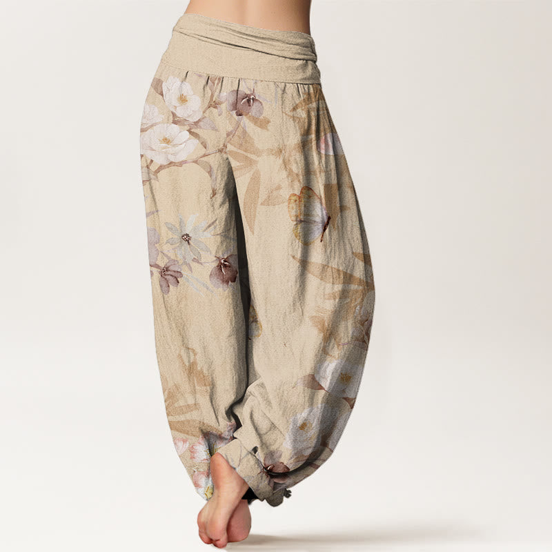 Cherry Blossoms?Hibiscus Butterfly Women's Elastic Waist Harem Pants