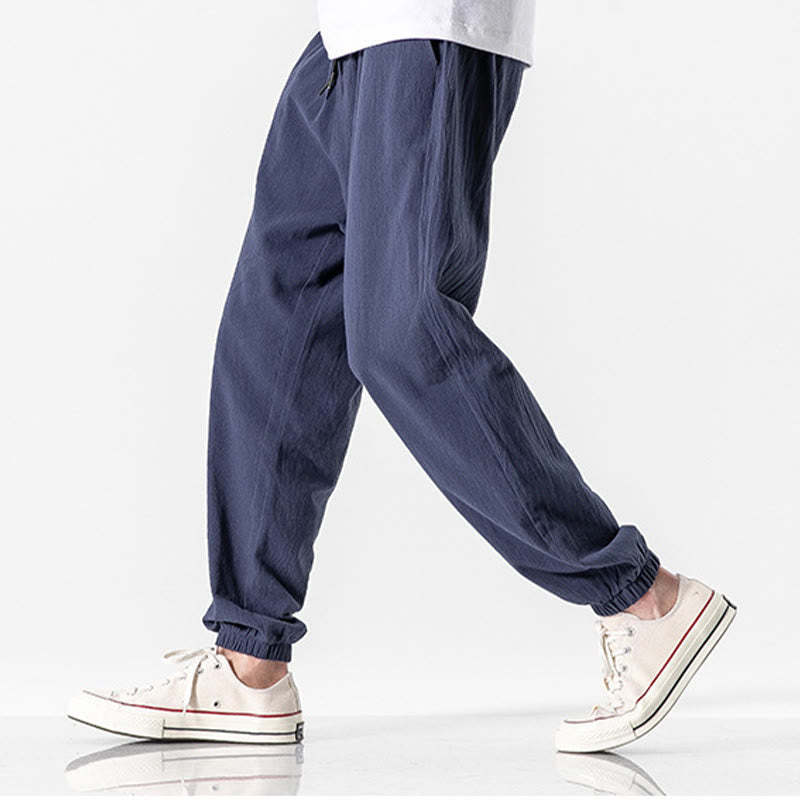 Solid Color Drawstring Cotton Men's Pants With Pockets