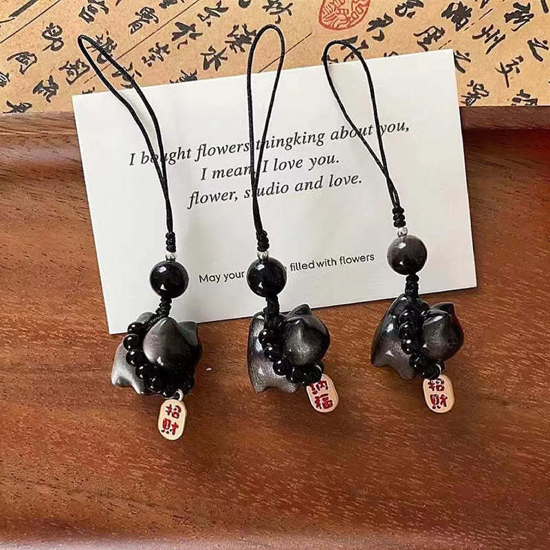Silver Sheen Obsidian Black Obsidian Gold Sheen Obsidian Cute Cat Fu Character Protection Key Chain Phone Hanging Decoration