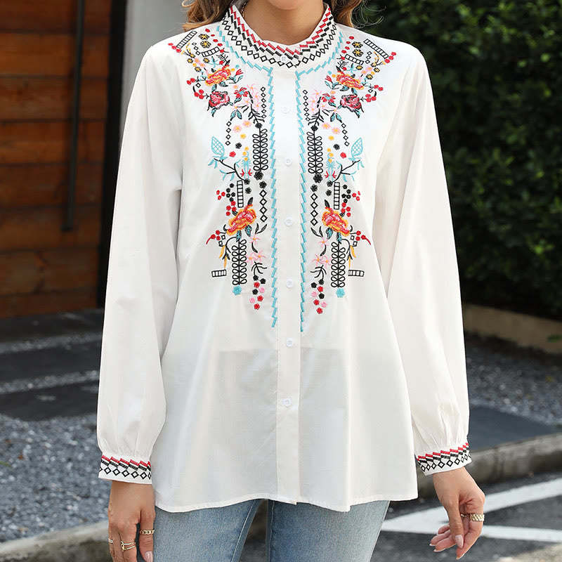White Casual Embroidery Plants Flower Pattern Button Stand Collar Cotton Women's Shirt