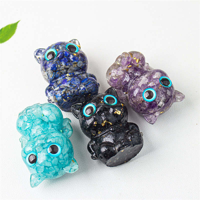 Cute Cat Lazurite Amethyst Black Obsidian Aquamarine Crystal Resin Positive Home Decoration
