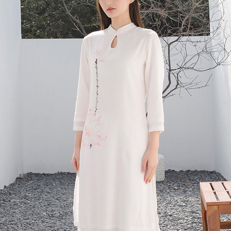 2Pcs Lotus Pattern Tai Chi Meditation Yoga Cotton Linen Clothing Top Pants Women's Set