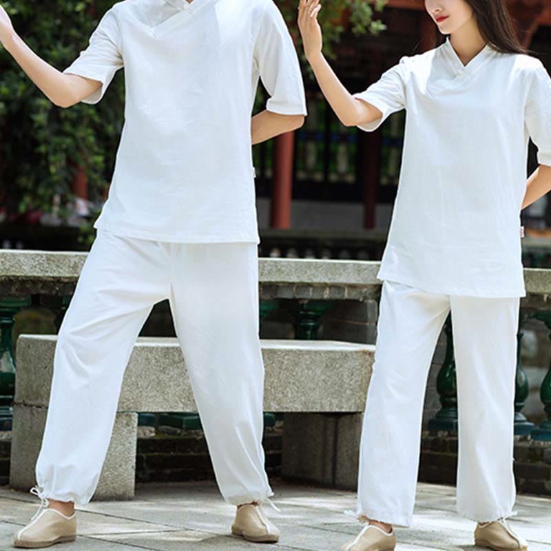 2Pcs Half Sleeve V-Neck Shirt Top Pants Meditation Zen Tai Chi Linen Clothing Women's Set