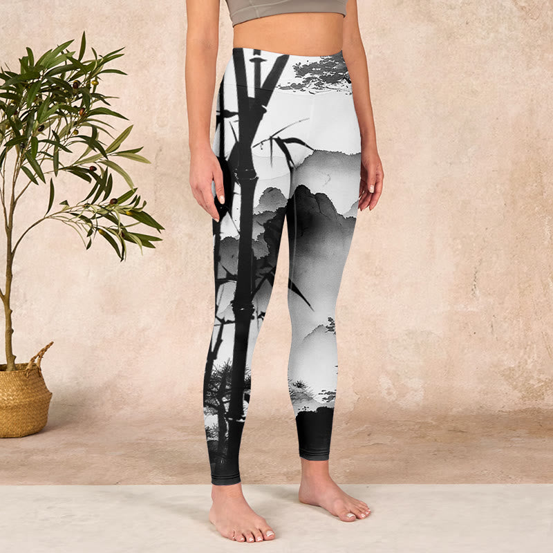 Ink Painting Bamboo Pine Mountain Scenery Print Gym Leggings Women's Yoga Pants