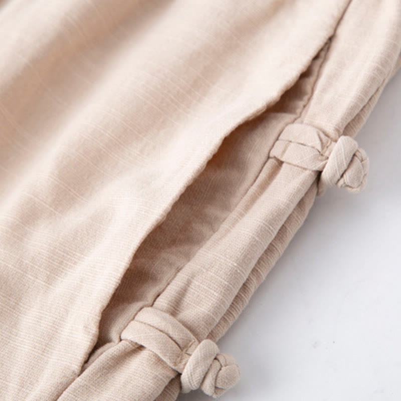 Casual Frog-button Plain Women's Cotton Linen Pants With Pockets