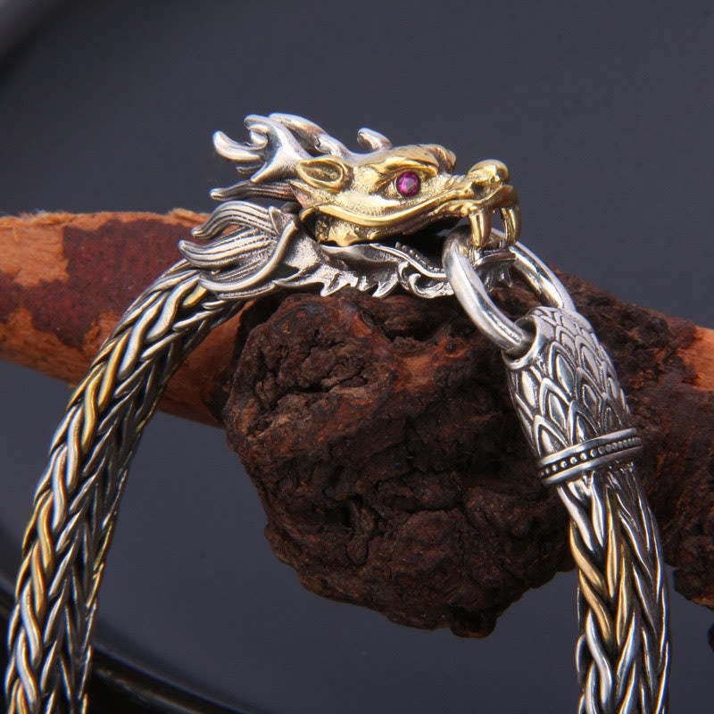 925 Sterling Silver Year Of The Dragon Auspicious Dragon Protection Metal Braided Design Bracelet