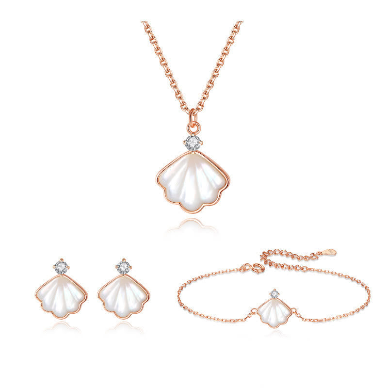 925 Sterling Silver Tridacna Stone Shell Blessing Necklace Pendant Bracelet Earrings Jewelry Set