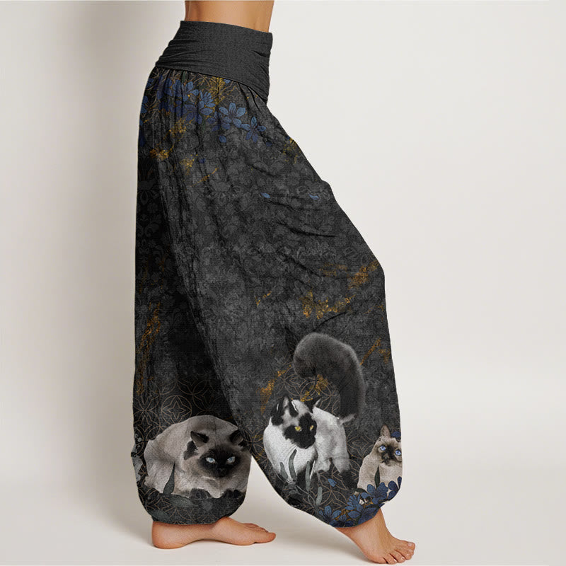 Siamese Cats Flower Coin Pattern Women's Elastic Waist Harem Pants