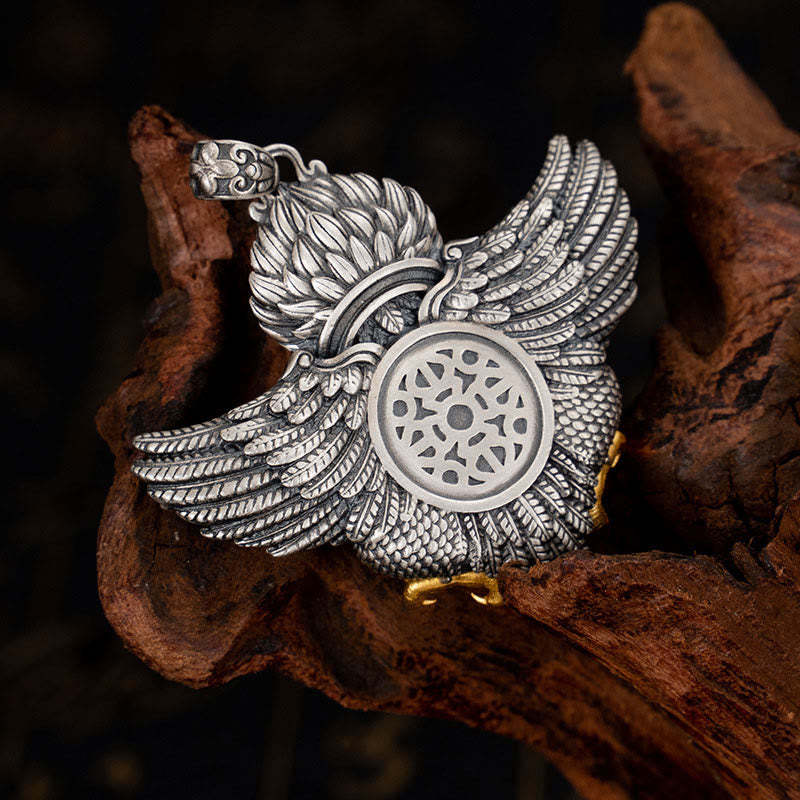 925 Sterling Silver Tibet Garuda Bird Dzi Bead Protection Necklace Pendant