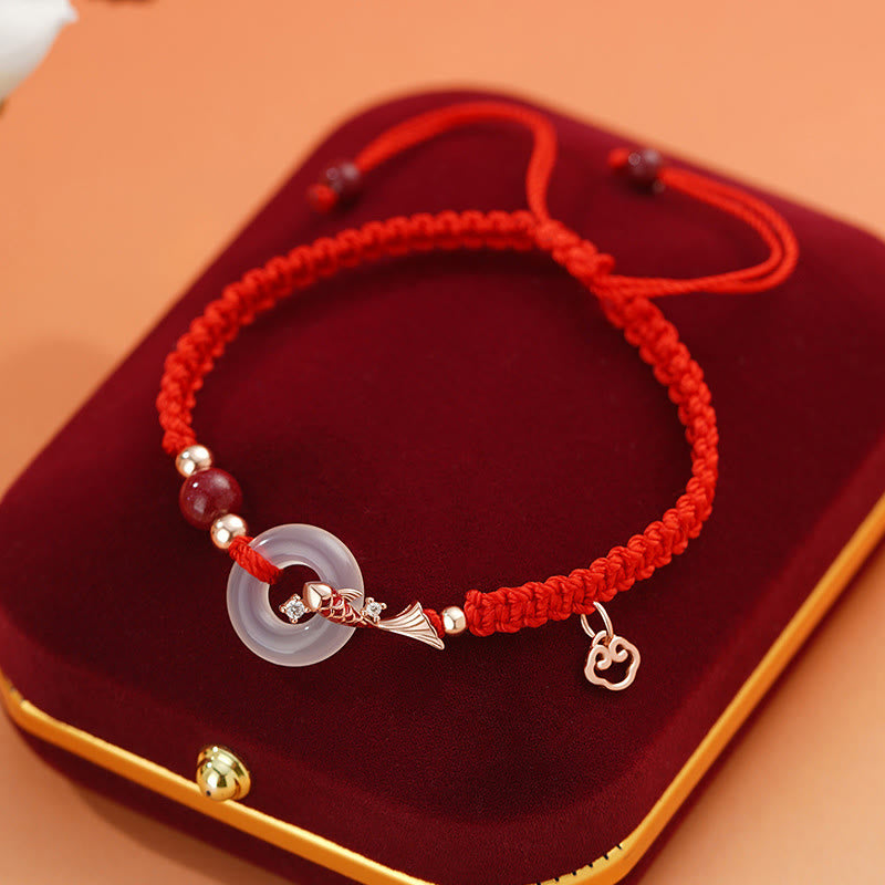 Handmade Chalcedony Peace Buckle Koi Fish 925 Sterling Silver Braided String Positive Couple's Bracelet