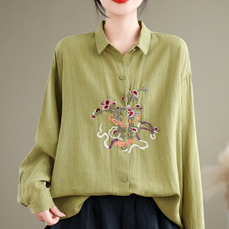Flower Embroidery Long Sleeve Cotton Linen Women's Shirts