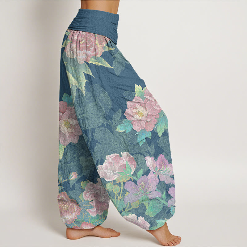 Big Pink Peonies Green Leaves Women's Elastic Waist Harem Pants