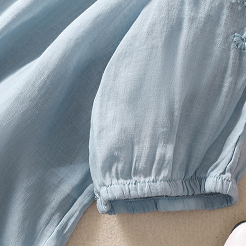 Casual Plain Button Floral Embroidered Design Puff Half Sleeve Cotton Linen Women's Shirt