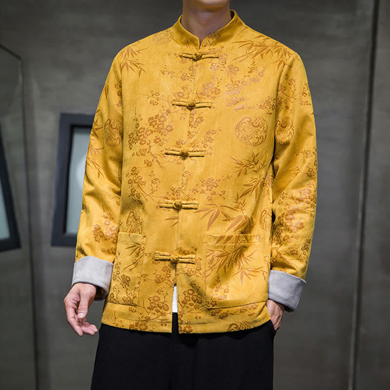 Chinese New Year Clothes Flowers Bamboo Solid Color Cuff Frog-button Tang Suit Cotton Men's Jacket Shirt With Pockets