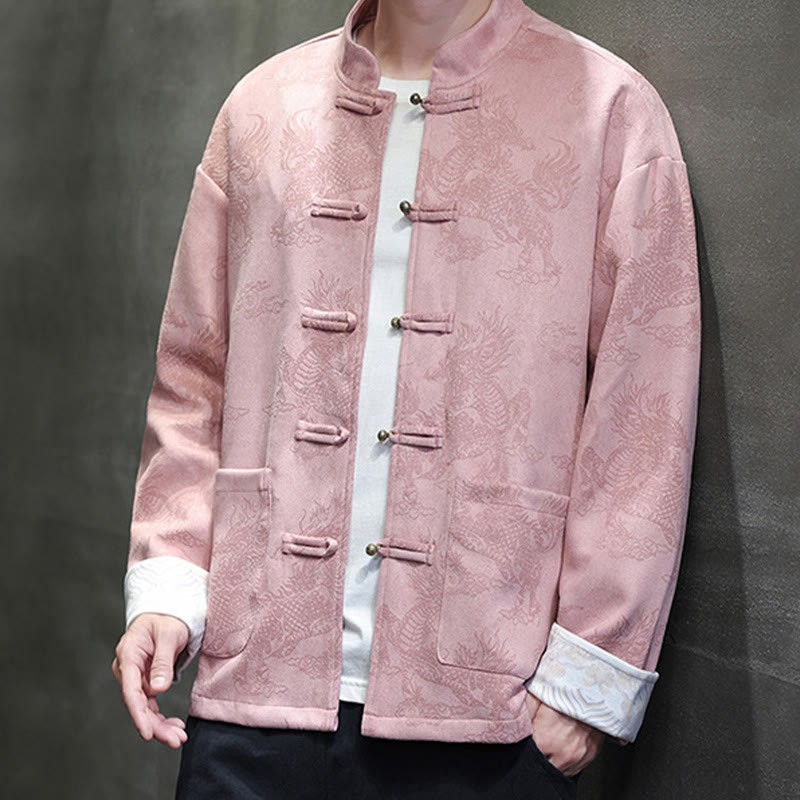 Chinese New Year Kirin Print Frog-button Tang Suit Men's Jacket Shirt With Pockets