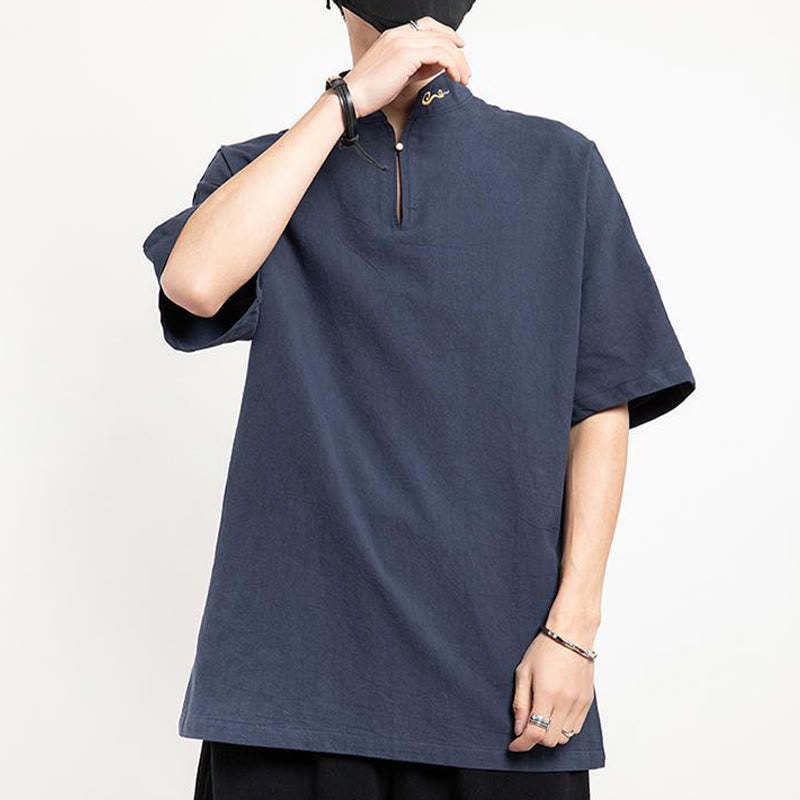 Chinese Tang Suit Embroidery Half Sleeve Shirt Linen Men Clothing