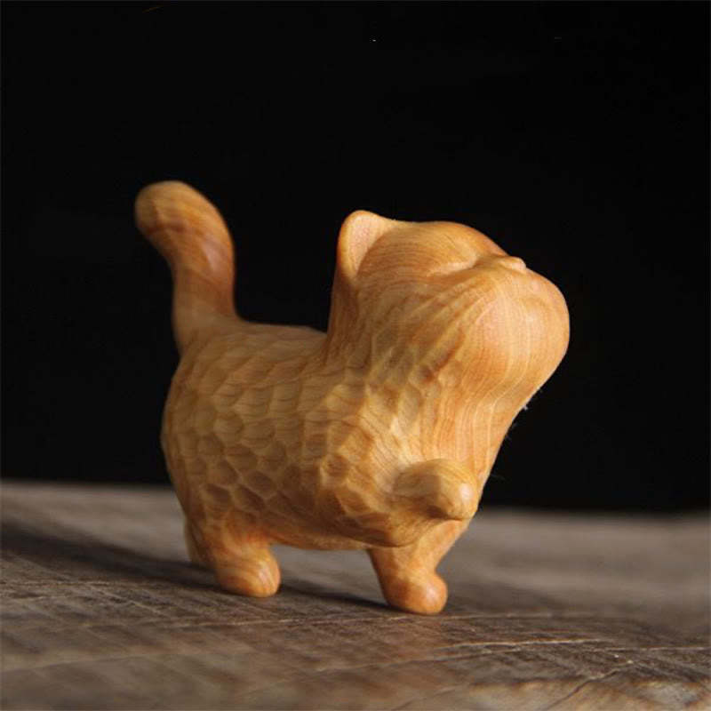 Mini Thuja Sutchuenensis Boxwood Cute Cat Kitten Carved Prosperity Decoration