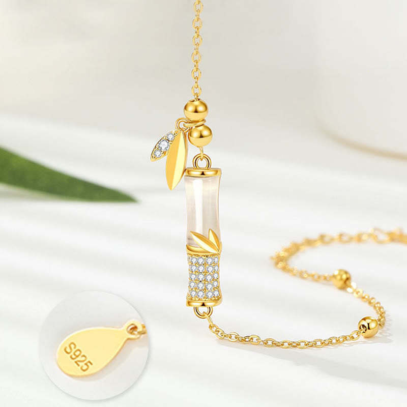 925 Sterling Silver 18K Gold Plated White Jade Bamboo Zircon Leaf Luck Bracelet