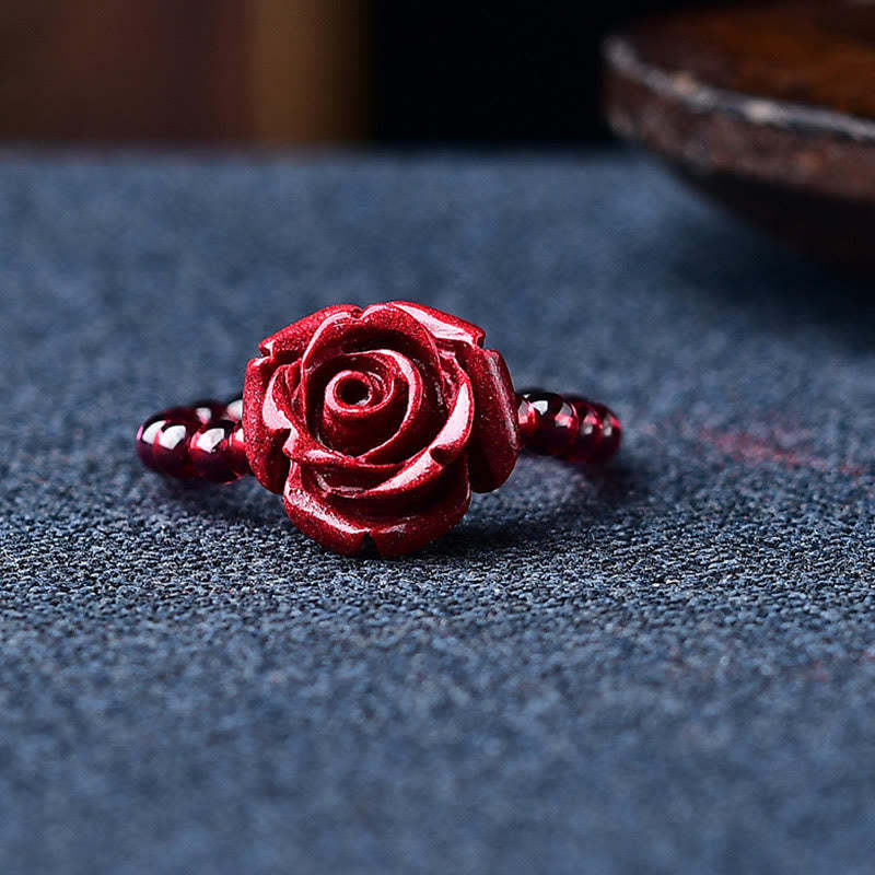 Garnet Cinnabar Lucky Bead PiXiu Om Mani Padme Hum Rose Protection Ring