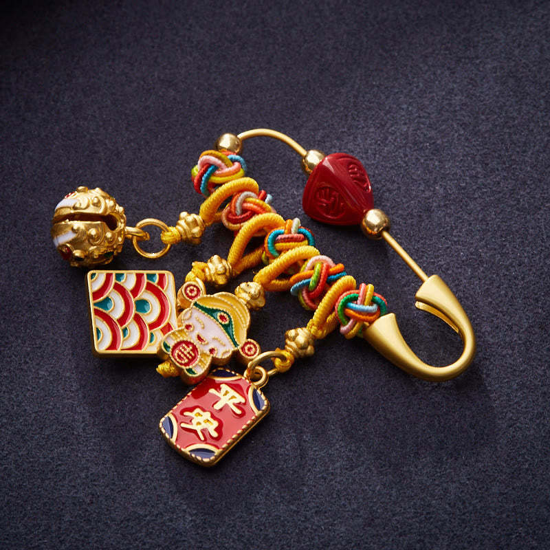 Cinnabar Zongzi Fu Character Caishen God of Wealth Safe And Well Copper Blessing Brooch