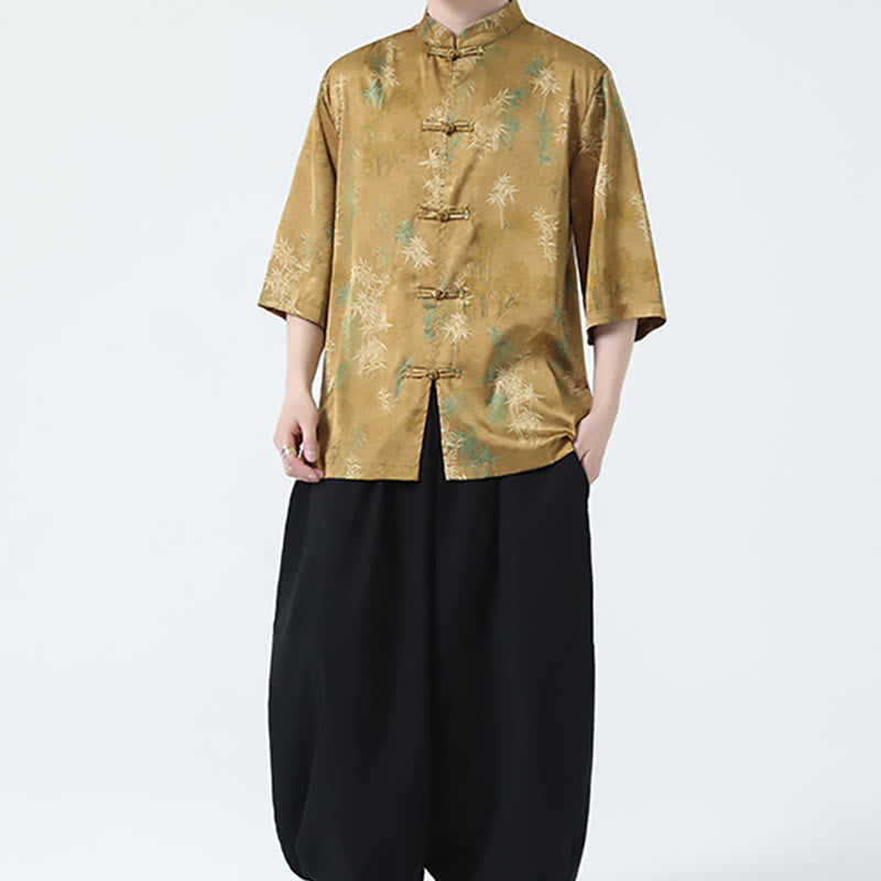 Bamboo Leaves Pattern Chinese Half Sleeve Shirt Men T-shirt