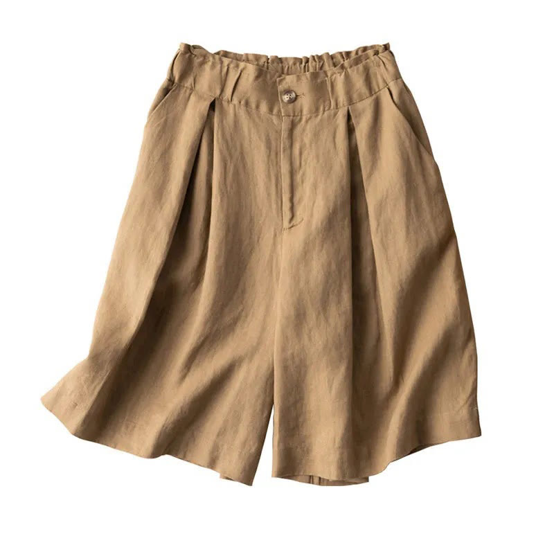 Casual Solid Color Button Zipper Cotton Linen Women's Shorts With Pockets