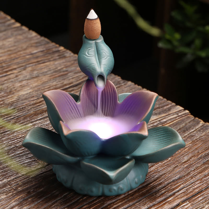 Lotus Flower Leaf Frog Butterfly Pattern Healing Ceramic Incense Burner Decoration