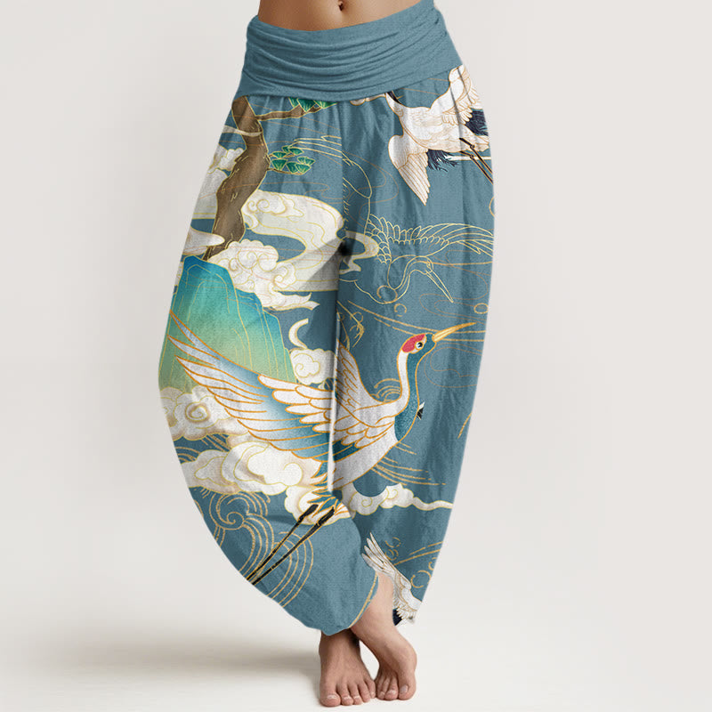 Flying Cranes Auspicious Clouds Tree?women's Elastic Waist Harem Pants
