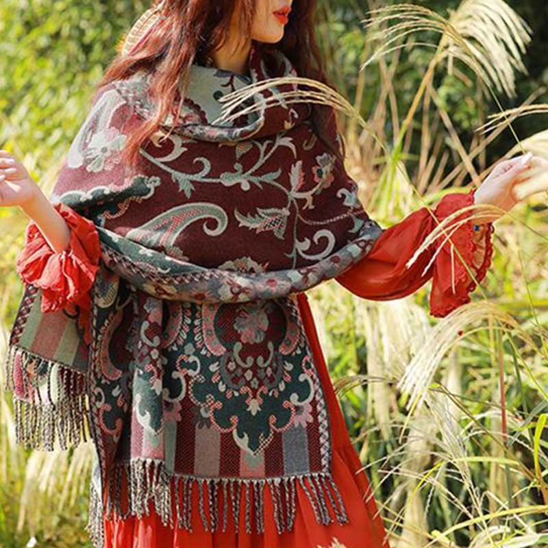 Tibetan Flowers Leaves Branch Design Tassel Shawl Cozy Travel Scarf Wrap