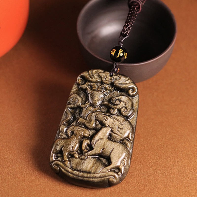 Gold Sheen Obsidian Three Goats Bring Good Luck Pattern Wealth Necklace Pendant