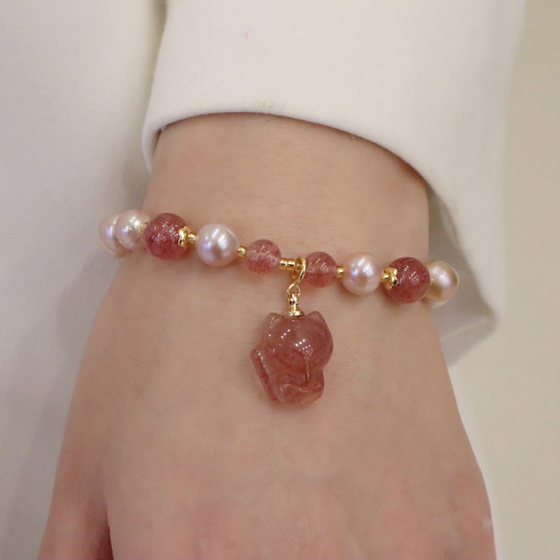 Natural Pearl Strawberry Quartz Cute Fox Love Healing Charm Bracelet