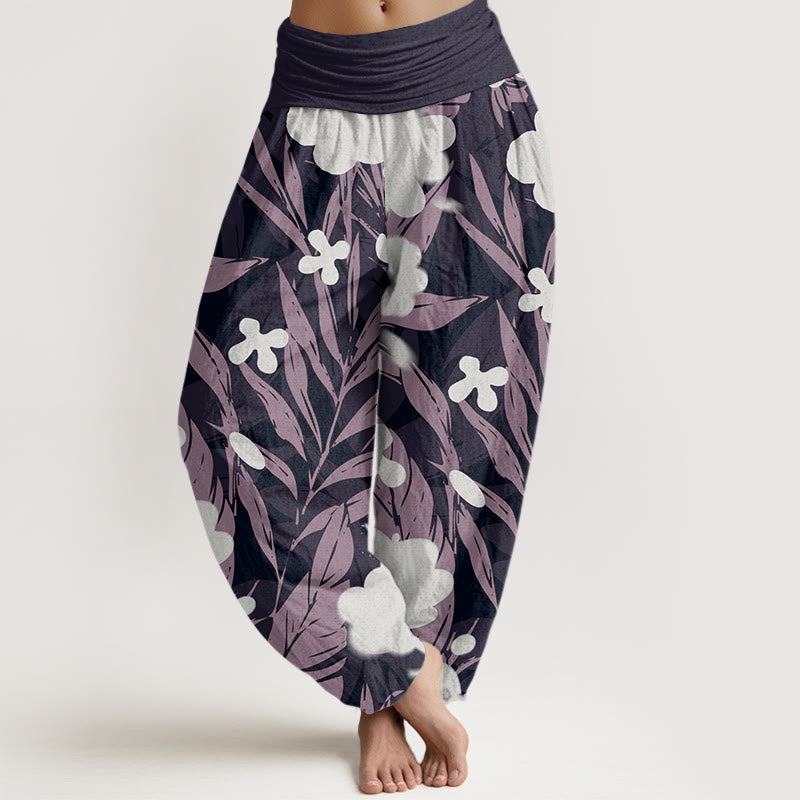 Long Leaves Flowers Pattern Design Women's Elastic Waist Harem Pants
