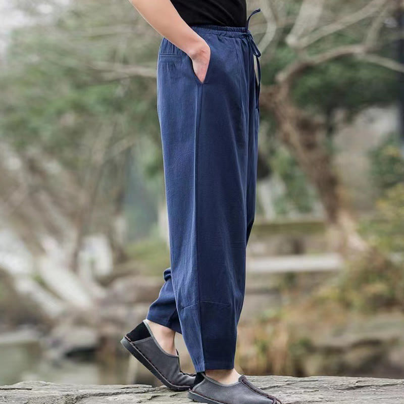 Casual Simple Drawstring Men's Cotton Harem Pants With Pockets