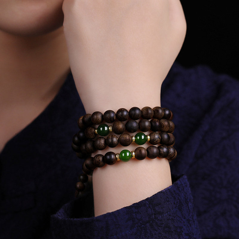 108 Mala Beads Indonesia Tarakan Rare Agarwood Cyan Jade Ward Off Evil Spirits Bracelet