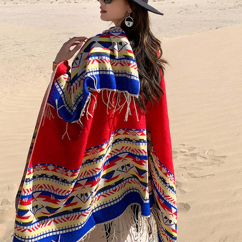 Tibetan Shawl Colorful Geometry Winter Cozy Travel Scarf Wrap