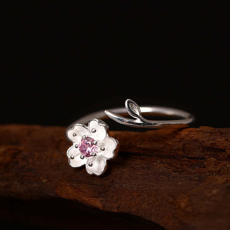 925 Sterling Silver Cherry Blossom Sakura Flower Blessing Adjustable Ring