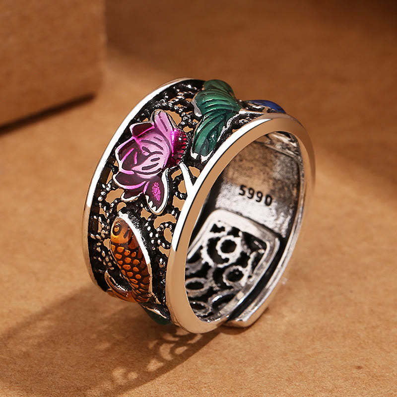 Copper Blue Enamel Lotus Heart Sutra Koi Fish Luck Ring