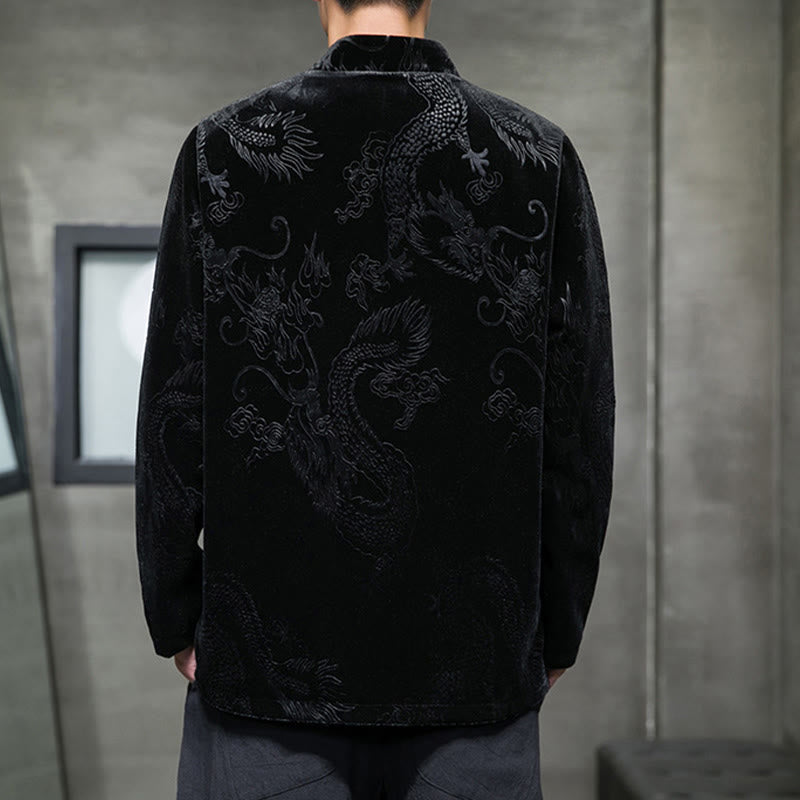 Men's Frog-button Tang Suit Dragon Pattern Lisvelte Cotton Jacket Shirt With Pockets
