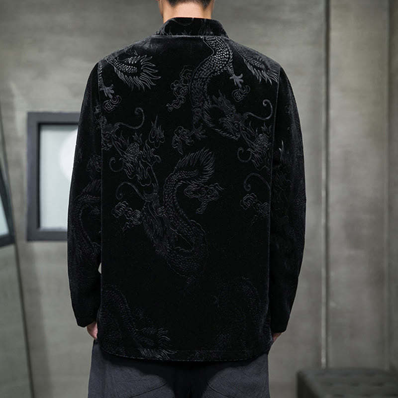 Men's Frog-button Tang Suit Dragon Pattern Lisvelte Cotton Jacket Shirt With Pockets