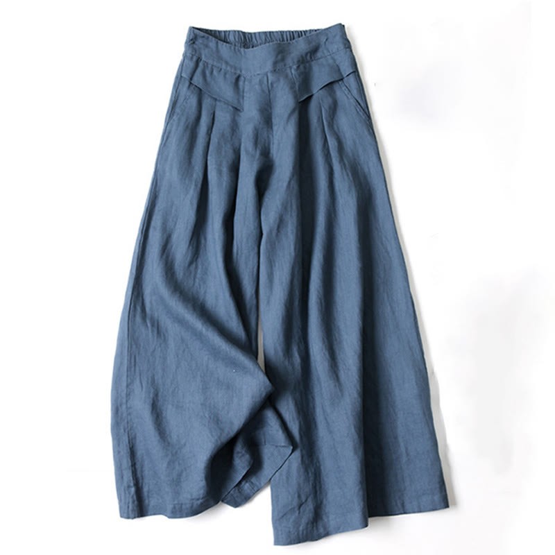 Plain Color Cotton Linen High Waist Wide Leg Pants With Pockets