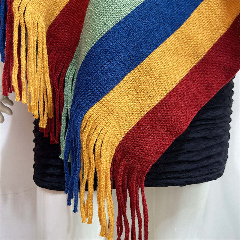 Tibetan Colorful Striped Design Shawl Tassels Pullover Winter Cozy Travel Scarf Wrap