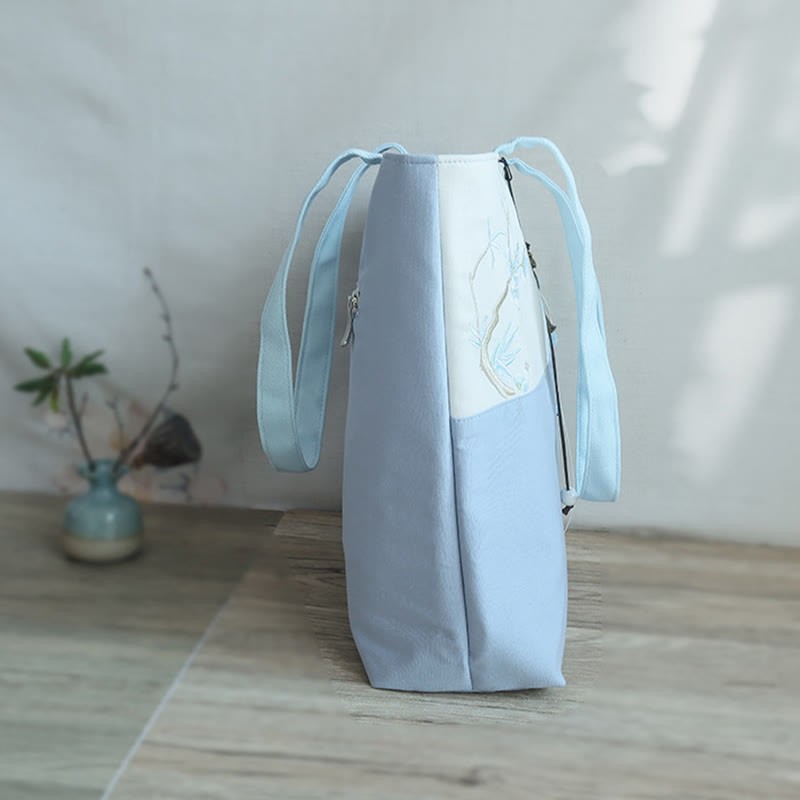 Pear Flower Plum Peach Blossom Bamboo Embroidery Canvas Large Capacity Shoulder Bag Tote Bag