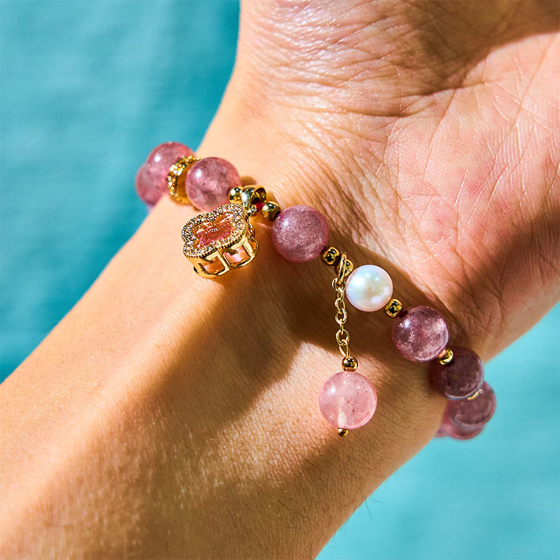 Strawberry Quartz Pearl Four Leaf Clover Charm Healing Bracelet