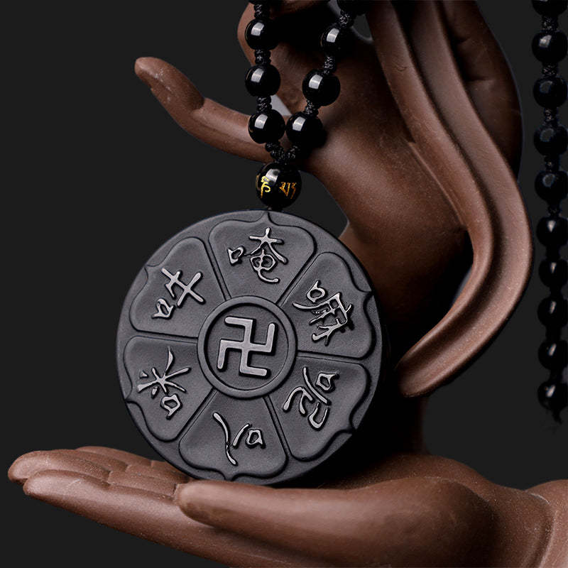 Natural Black Obsidian Tibetan Om Mani Padme Hum mystic zen Swastika Luck Necklace Pendant