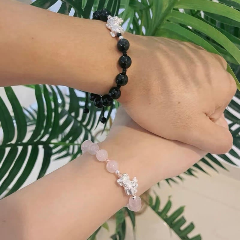 Natural Black Obsidian Cat's Eye Pink Crystal PiXiu Strength Bracelet