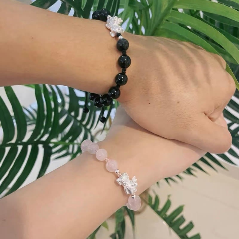 Natural Black Obsidian Cat's Eye Pink Crystal PiXiu Strength Bracelet